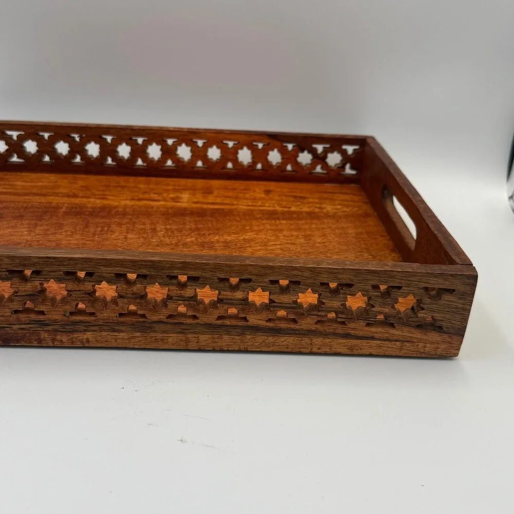 Handcrafted‎ Wood Serving Tray with Star Cutouts and Handles Brown Rectangular